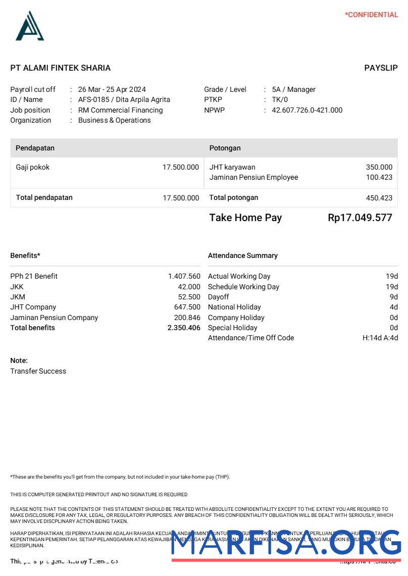 Downloadable PT Alami Fintek Sharia payslip template
